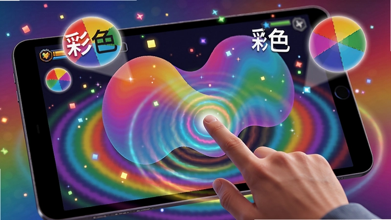 一幅色彩绚丽的游戏场景,中央有流动渐变的色块与光斑交织,一名玩家手指触碰屏幕,周围散开彩虹涟漪,体现“彩色”创意解谜核心玩法,“彩色”符号漂浮空中