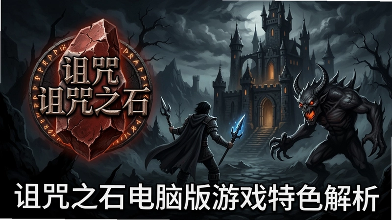 诅咒之石黑暗奇幻角色扮演游戏主视觉,包含诅咒之石标志、主角与怪物对峙场景、阴森古堡背景,“诅咒之石电脑版游戏特色解析”