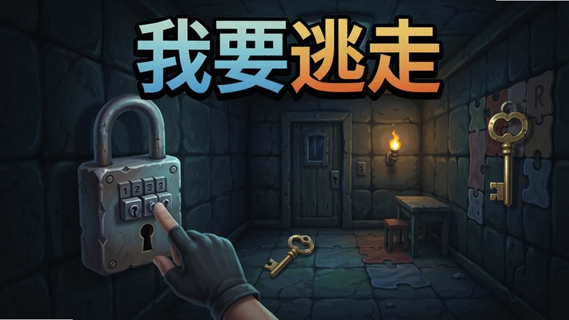 我要逃走电脑版游戏场景,包含密码锁、钥匙、密室环境,标题“我要逃走”,展示解谜过程