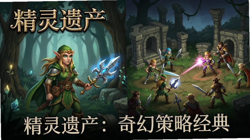 精灵遗产游戏经典封面与战斗场景,文字'精灵遗产:奇幻策略经典'