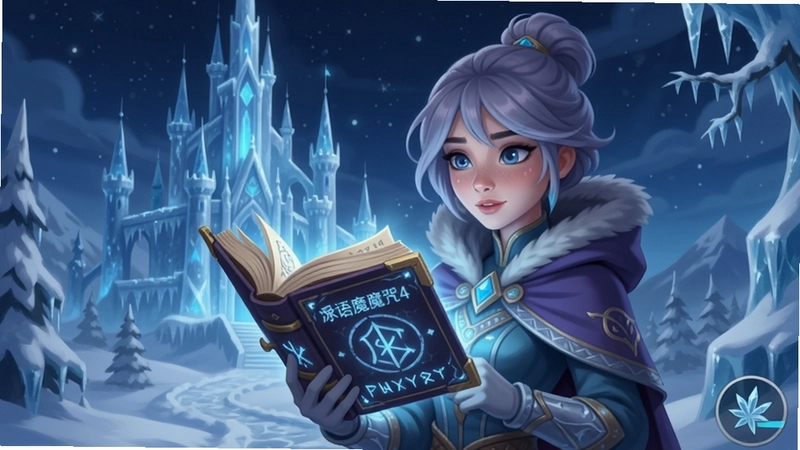 爱语魔咒4:冬天的咒语游戏画面,“冰雪魔法世界”中的女主角手持发光咒语书,背景为闪亮的冰封城堡