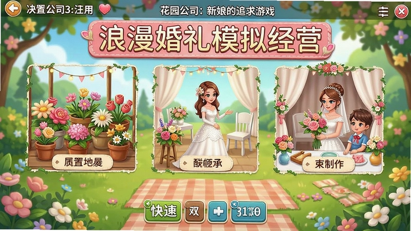 花园公司3:新娘的追求游戏主界面展示种植鲜花、布置婚庆场景、花束制作画面与快捷键配置需求,包含“浪漫婚礼模拟经营”宣传文字