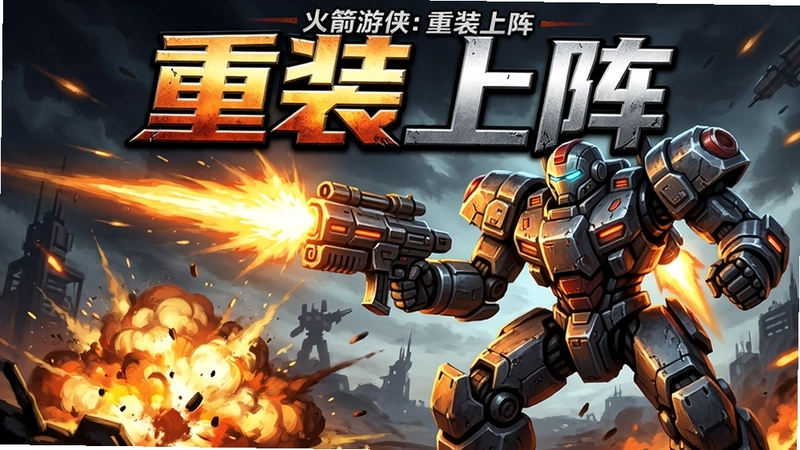 火箭游侠:重装上阵 机甲射击 爆炸场景 “重装上阵” 游戏封面 具有视觉冲击力