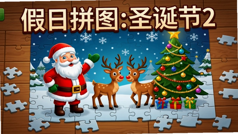 一幅展示“假日拼图:圣诞节2”游戏界面的精美图片,画面包含圣诞老人、驯鹿、装饰圣诞树和漫天雪花,拼图碎片散落在木质桌面上,文字标题“假日拼图:圣诞节2”醒目温馨