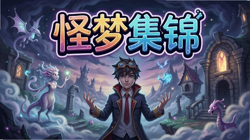 展现怪梦集锦游戏奇幻梦境场景与主角形象,包含“怪梦集锦”标题文字