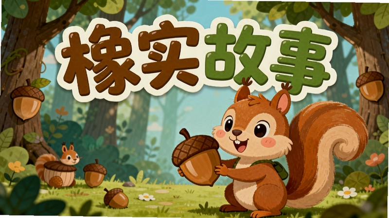 橡实故事游戏主视觉图,卡通森林场景,小松鼠手持橡果,图中写有“橡实故事”文字