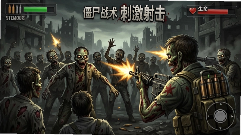 僵尸战术战斗场景,手持步枪射击尸潮,界面包含弹药与生命值,“僵尸战术刺激射击”