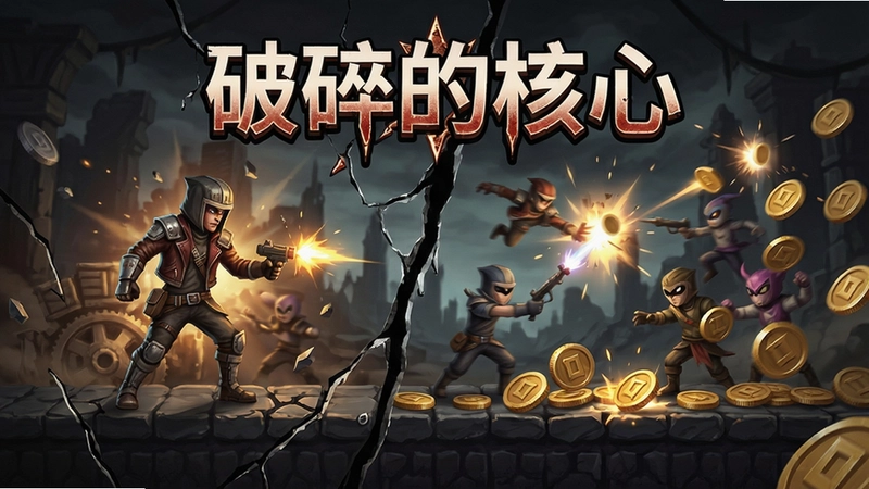 破碎的核心游戏主界面与角色展示,激烈的硬币收集战斗场景,突出“破碎的核心”文字标志