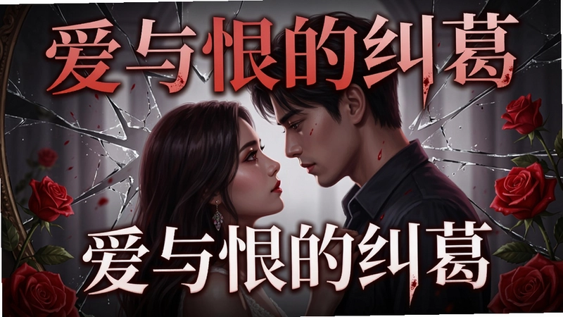 爱与恨的纠葛游戏宣传图,画面包含男女主角深情对视,背景为破碎的镜面与血色玫瑰,展现爱恨交织的纠葛情感,“爱与恨的纠葛”标题醒目