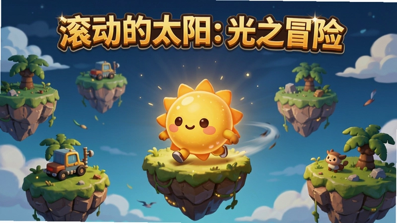 滚动的太阳游戏主界面,Q版太阳在浮空岛屿间滚动,画面注明“滚动的太阳:光之冒险”。