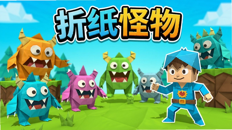 折纸怪物游戏场景展示,包含多个折纸风格怪物和主角折纸英雄,色彩明亮的卡通画面,带有“折纸怪物”文字标题