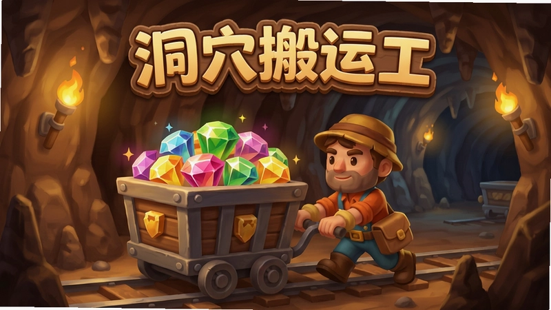 洞穴搬运工主画面,地下洞穴中搬运工推动装满宝石的矿车,色彩温馨,标题“洞穴搬运工”
