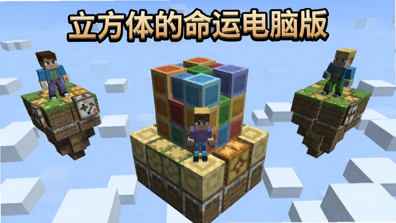 立方体的命运游戏主界面,“立方体的命运电脑版”立体方块世界,角色站在悬空平台上