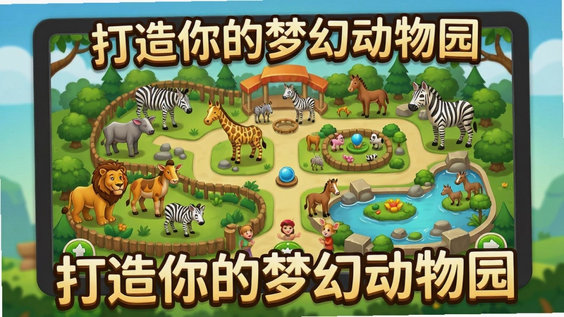 动物园电脑版游戏主界面,展示丰富的动物和园区规划,文字“打造你的梦幻动物园”