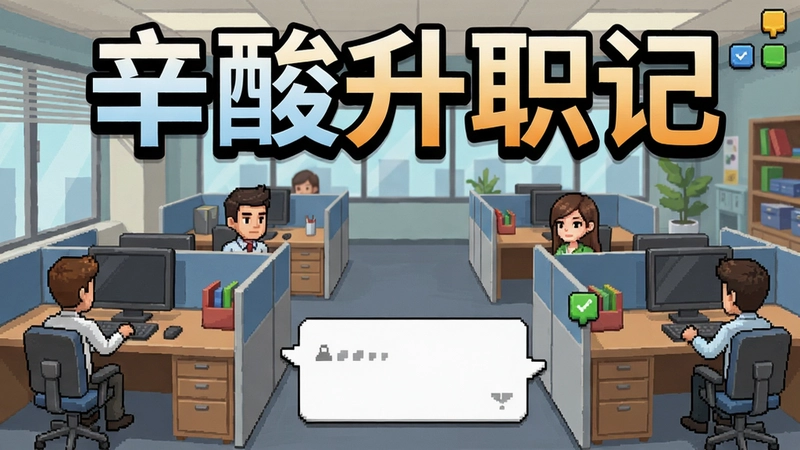 辛酸升职记游戏画面,展示职场晋升、角色对话和办公室场景,“辛酸升职记”标题醒目