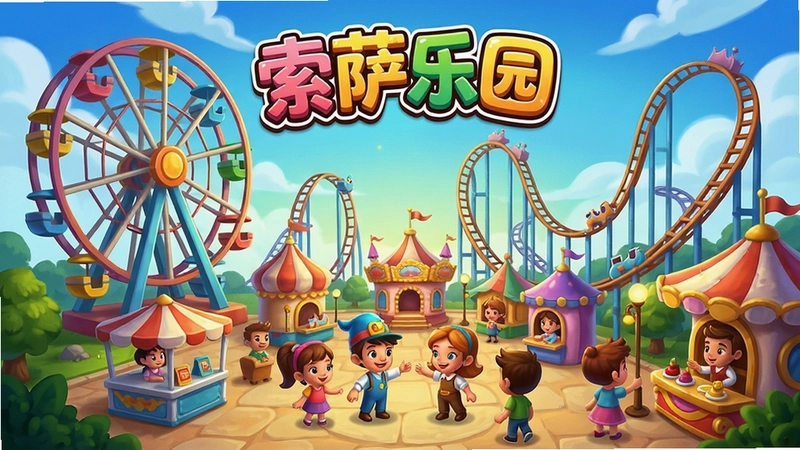 索萨乐园电脑版游戏主界面,奇幻卡通风格游乐园,包含摩天轮过山车等设施,角色互动与繁华景象,画面上方有游戏LOGO“索萨乐园”字样