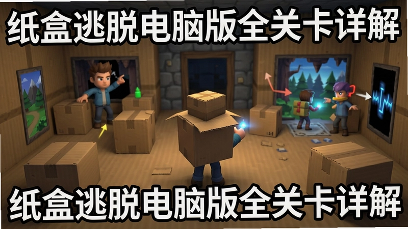 纸盒逃脱电脑版全景攻略,展示纸盒世界中的主角在解谜场景,包含提示文字“纸盒逃脱电脑版全关卡详解”