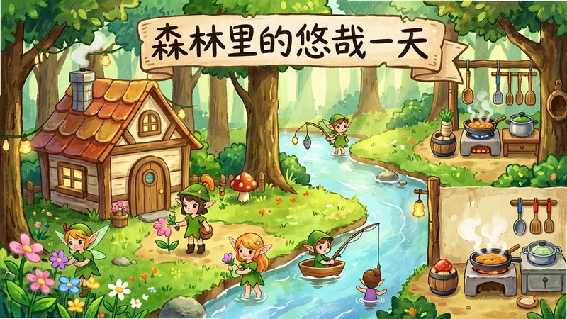 森林里的悠哉一天游戏全场景展示,手绘风森林小屋、精灵角色采集花朵、钓鱼、烹饪,温馨治愈画面,标题文字“森林里的悠哉一天”