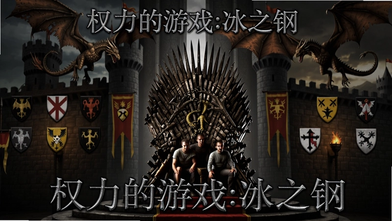 权力的游戏:冰之钢 游戏主界面铁王座场景,众多家族徽章与巨龙翱翔,中世纪城堡战争氛围,文字为“权力的游戏:冰之钢”