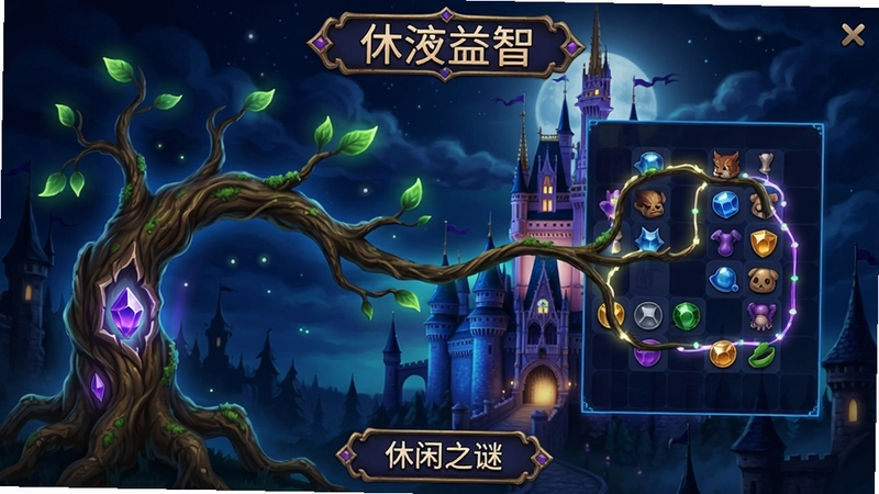 魔法树枝:午夜之谜游戏主界面,神秘魔法树枝连接消除,精美午夜城堡背景,“休闲益智”