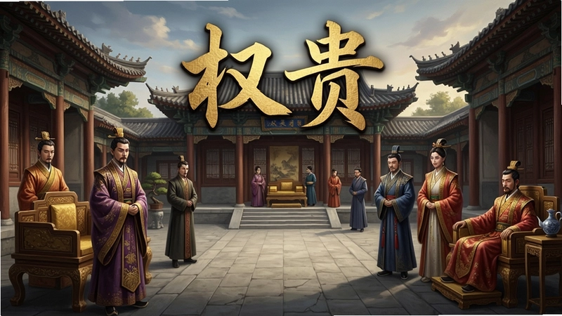 权贵游戏主视觉图,古代豪门庭院,人物身着华服,展现权贵家族兴衰,文字“权贵”醒目
