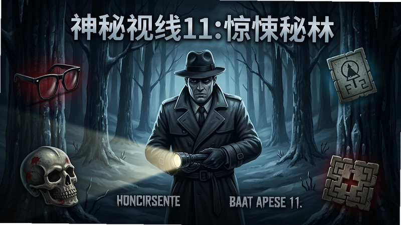 神秘视线11:惊悚秘林游戏宣传图,侦探手持手电筒在冰冻森林中调查,周围环绕隐藏物品和谜题元素,整体充满悬疑惊悚氛围