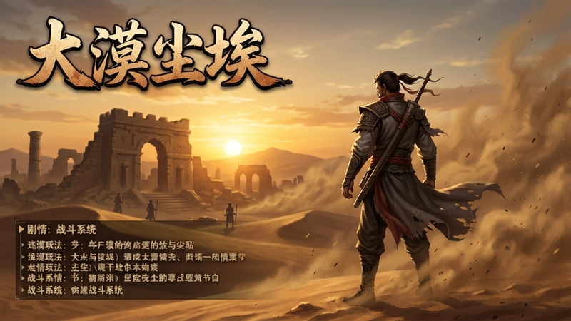 大漠尘埃游戏画面,一位侠客立于大漠之中,身后是古城废墟,夕阳西下,黄沙漫天,游戏标题“大漠尘埃”醒目,概括游戏玩法、剧情和战斗系统
