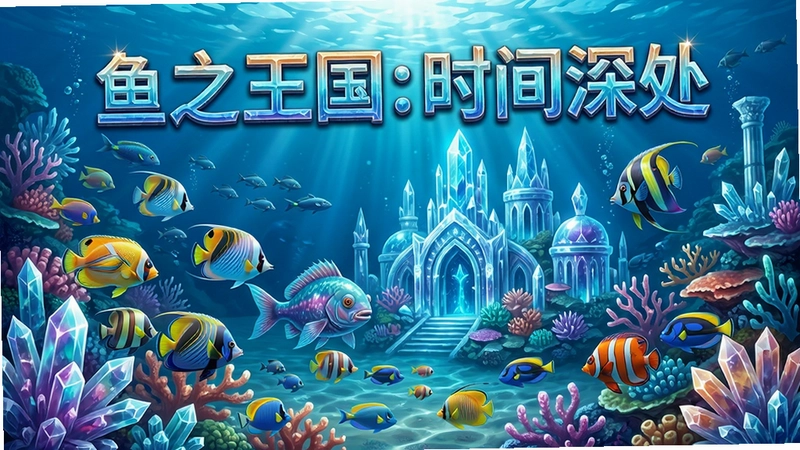 鱼之王国:时间深处游戏场景,晶莹剔透的水下王国,色彩斑斓的热带鱼游弋在珊瑚丛中,“鱼之王国:时间深处”标题醒目