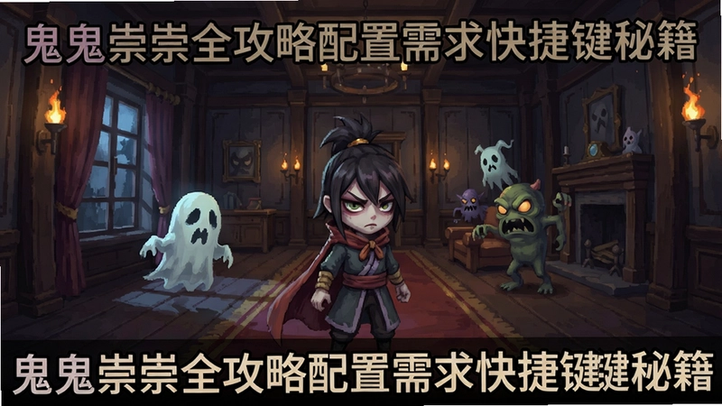 鬼鬼崇崇游戏主界面,包含主角、鬼怪和古宅大厅,文字“鬼鬼崇崇全攻略配置需求快捷键秘籍”