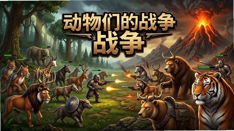 动物们的战争电脑版游戏史诗级战场,各类动物兵团激烈混战,森林与火山场景交织,高精度游戏画面,“动物们的战争”文字LOGO闪耀