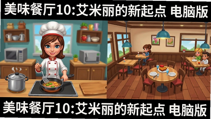 展示“美味餐厅10:艾米丽的新起点”游戏主界面、角色烹饪场景和餐厅经营画面,图片上标注“美味餐厅10:艾米丽的新起点 电脑版”