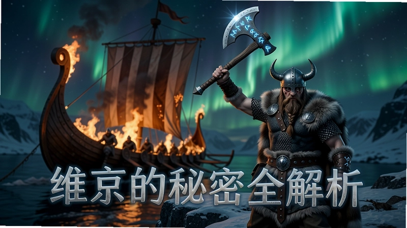 一名维京战士高举闪耀符文的战斧站在悬崖边,身后是燃烧的长船和漫天极光,画面中浮现“维京的秘密全解析”字样