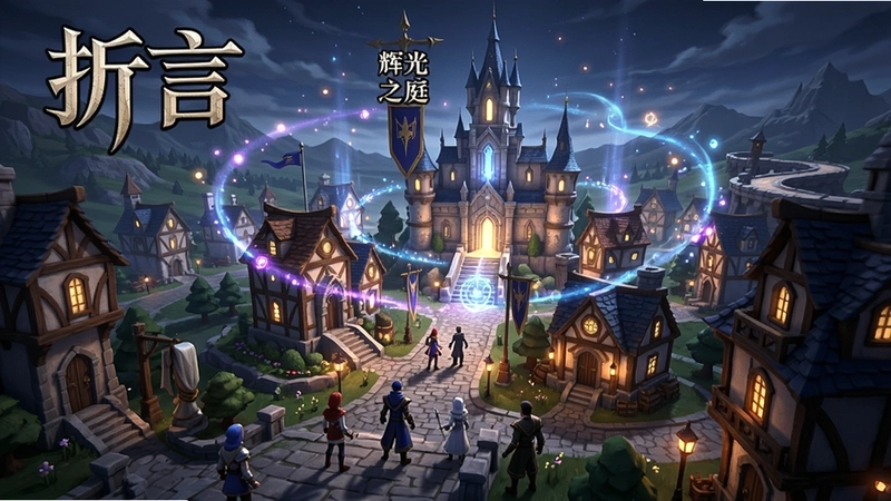 折言游戏主城「辉光之庭」全景,魔法光效环绕的幻想城镇,角色扮演氛围浓郁,「折言」艺术字体醒目
