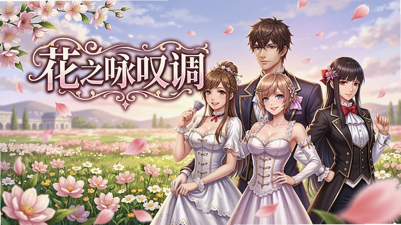 花之咏叹调电脑版 精美游戏封面与角色合影,浪漫花海背景,标题“花之咏叹调”