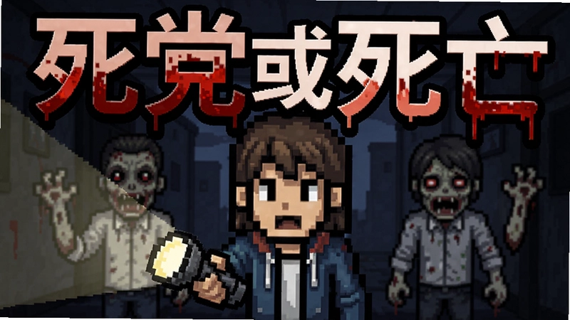 像素风恐怖游戏《死党或死亡》主视觉图,画面中央主角手持手电筒,背景中变异的死党身影若隐若现,标题艺术字“死党或死亡”