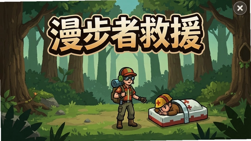 生成一张“漫步者救援”游戏主界面截图,画面中展示角色在森林场景中准备救援,“漫步者救援”艺术字标题