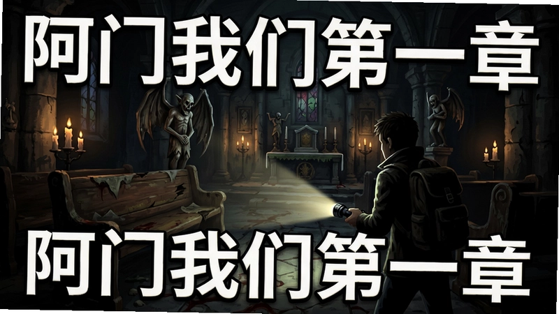 阿门我们第一章游戏场景,阴暗教堂内破旧长椅、摇曳烛光和诡异神像,主角握着手电筒探索,营造极致恐怖氛围,图片中可含