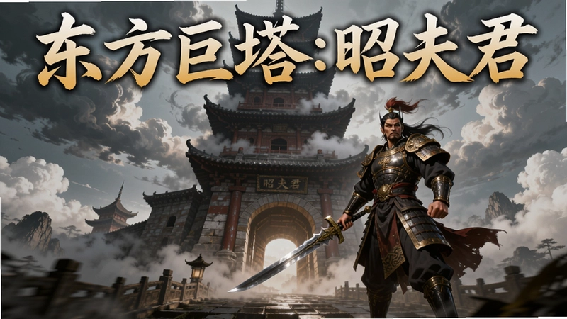 东方巨塔:昭夫君主视觉图,昭夫君手持利剑站在巨塔入口,塔身云雾缭绕,标题