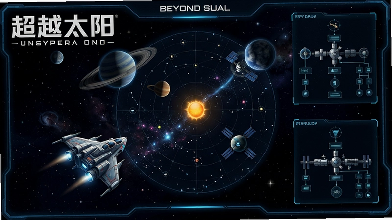 一张展示超越太阳游戏宇宙星图与空间站界面的高清图片,包含“超越太阳”游戏LOGO,飞船、行星、科技树元素
