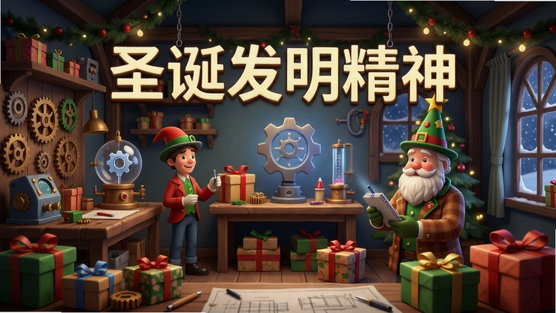 圣诞发明精神游戏场景,圣诞工坊内摆满发明零件和礼物,文字“圣诞发明精神”