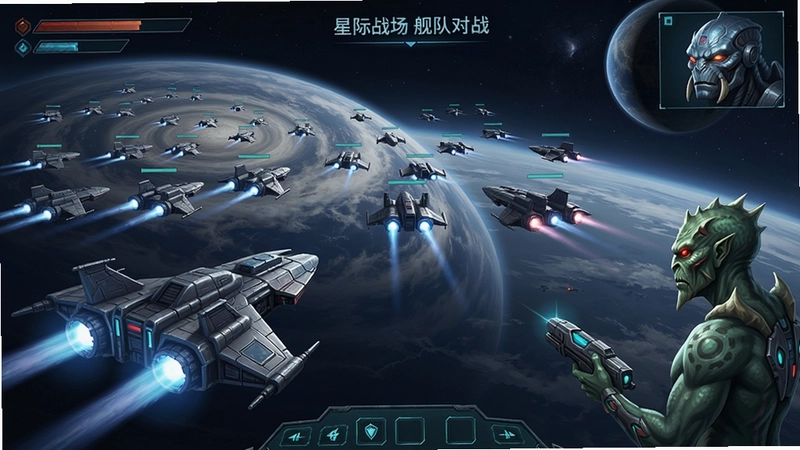 天空之战高清游戏画面,包含“星际战场”“舰队对战”“科幻种族”等元素