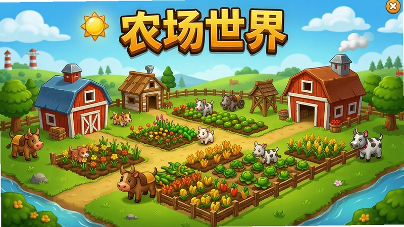 农场世界电脑版游戏主界面,农场全景,卡通风格,标题