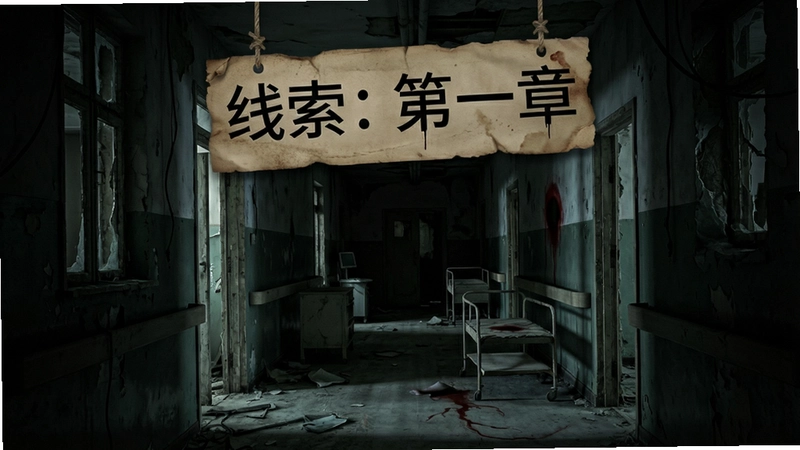 阴暗废弃医院走廊中悬挂“线索:第一章”游戏标题的恐怖氛围场景图,包含文字“线索:第一章”