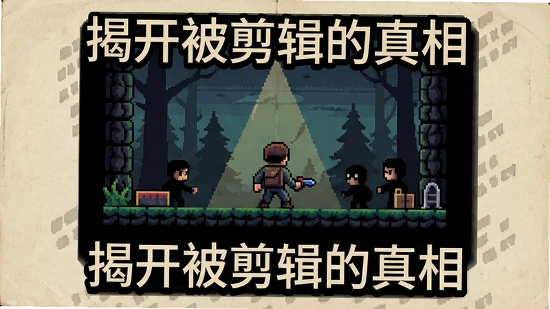 最终剪辑4:真正的冒险游戏主视觉海报,充满悬疑感的复古像素场景,文字“揭开被剪辑的真相”