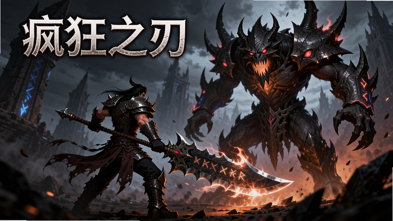 “疯狂之刃”游戏海报,主角手持巨刃面对巨型BOSS,暗黑魔幻风格,光影特效震撼