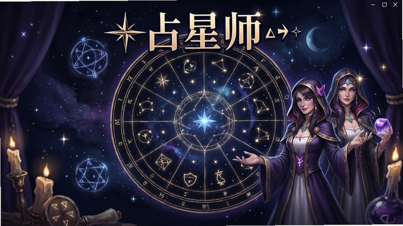 占星师电脑版游戏主界面,展示星空占卜盘、主要角色立绘与“占星师”标题字样,氛围神秘唯美。