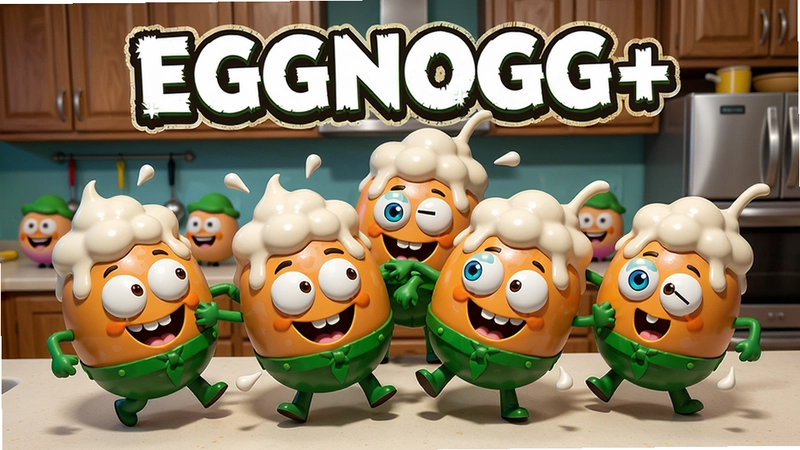 展现EGGNOGG+游戏欢乐乱斗场景,多个蛋奶酒造型的卡通角色在厨房台面上互相推搡,画面顶部有“EGGNOGG+”文字标题,色彩明亮活泼,充满动感。