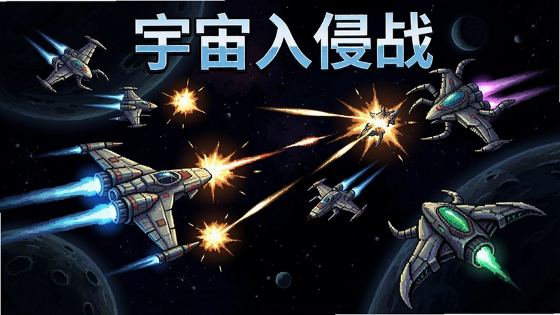 一幅宇宙入侵战游戏截图,显示太空战机与外星飞船交火,标题文字