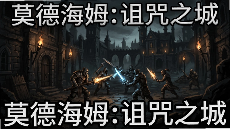 莫德海姆:诅咒之城 游戏战帮 战斗场景 暗黑风格,文字注明“莫德海姆:诅咒之城”