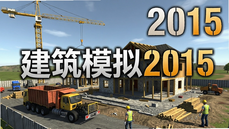 建筑模拟2015游戏主界面,展示施工现场、起重机、卡车和正在建造的房屋,画面逼真,